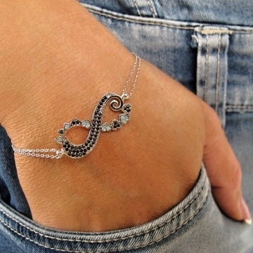 Dámský stříbrný náramek ORNAMENT s černými zirkony 18+2,5cm Rhodium