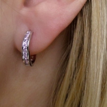 Stříbrné náušnice kruhy s růžovými zirkony 15mm Rhodium
