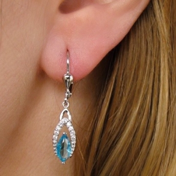Dámské stříbrné náušnice visací 33mm Aquamarine s čirými zirkony 2,70g Rhodium