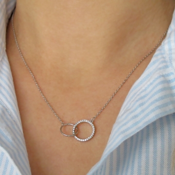 Dámský stříbrný náhrdelník dvě kolečka se zirkony Rhodium 40+5cm