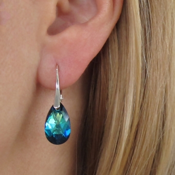 Stříbrné náušnice KAPKA Swarovski 16mm Bermuda Blue
