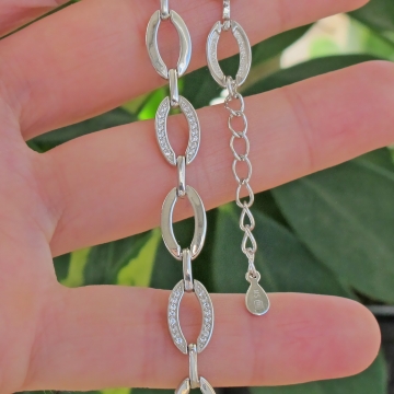 Dámský luxusní stříbrný náramek s čirými zirkony 7,30g 18+3cm Rhodium